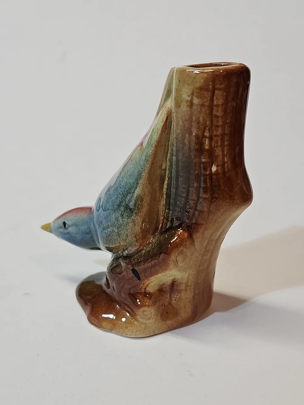 Vintage Ceramic Blue + Pink Nuthatch Bird Figural Bud Vase